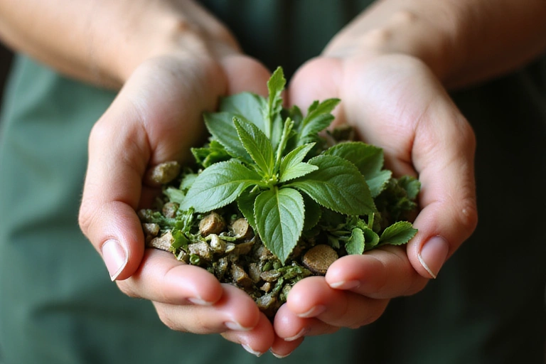 Mani che tengono erbe aromatiche siciliane fresche e ingredienti naturali, che simboleggiano la filosofia dell'azienda.